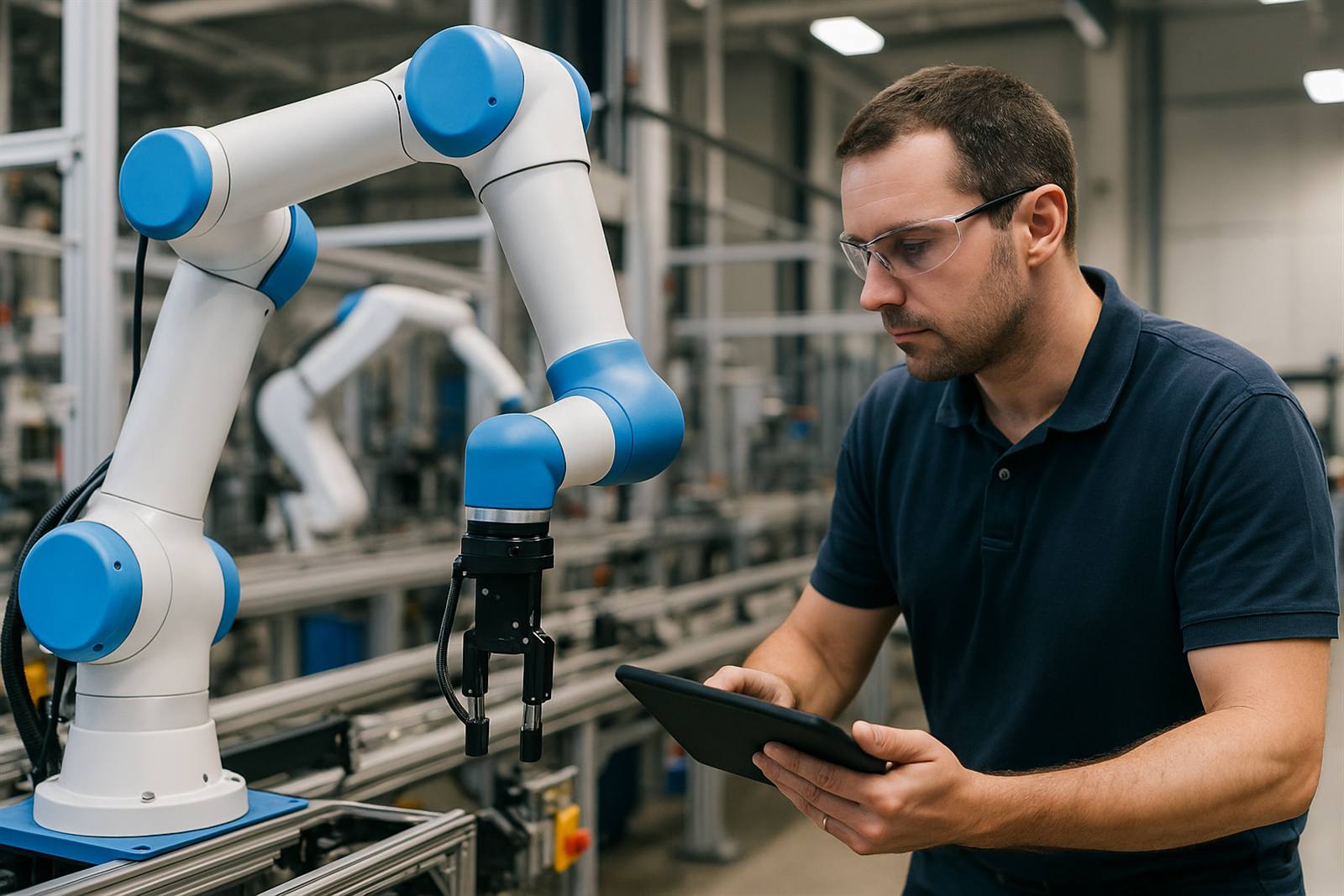 Teknisi memantau lengan robot kolaboratif di lini produksi
