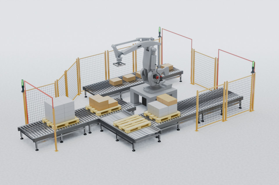 Sel robot palletizing dengan conveyor, palet, pagar pengaman, dan safety light curtain